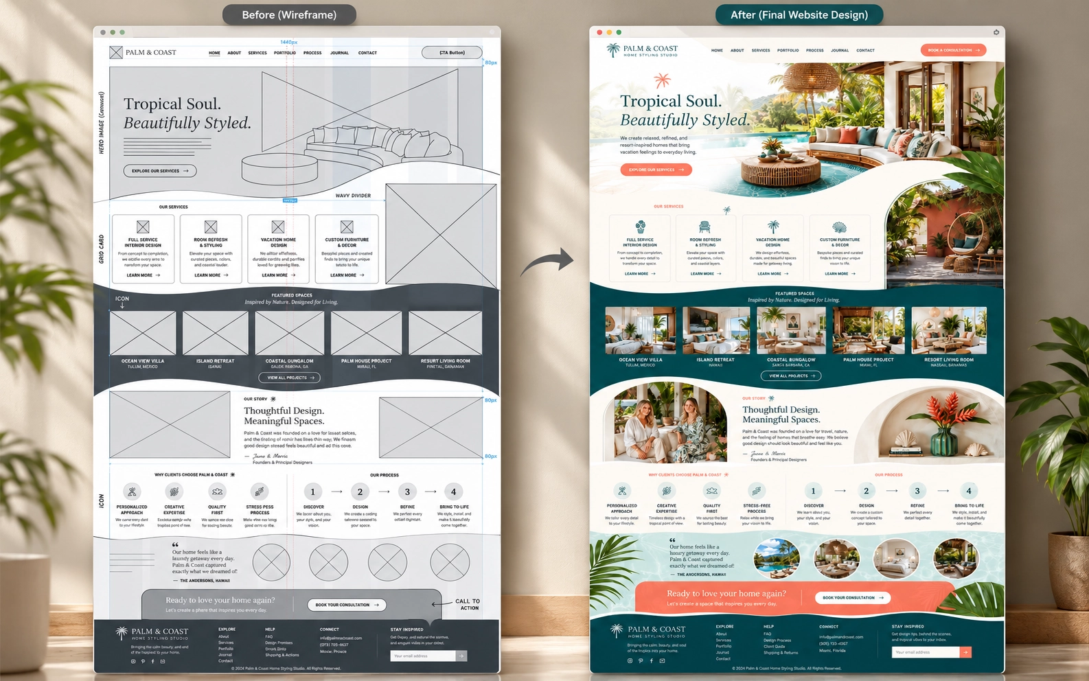 Wireframe and final website design comparison