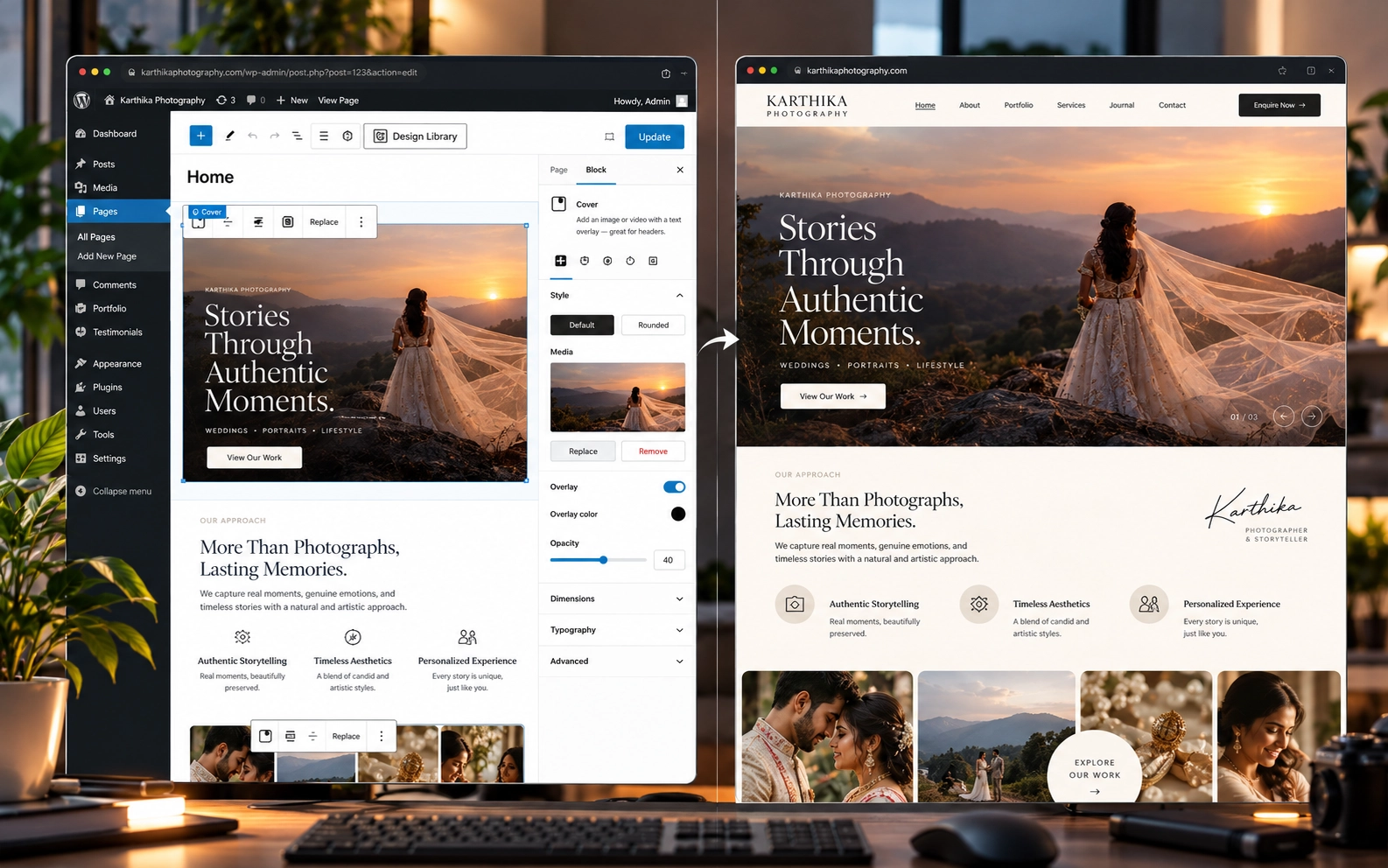 WordPress editing interface and finished website